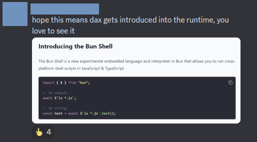 Discord message saying: 'Hope this means dax gets introduced into the runtime, you love to see it'