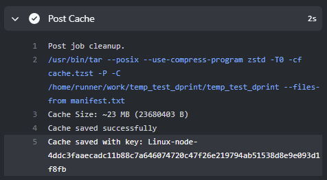 Shows the "Post Cache" workflow step uploading the cache to be downloaded for next time.